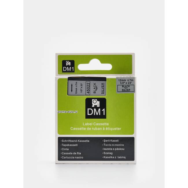 Картридж (этикетка) 12мм х 7м / чёрные буквы - серебряный фон / Black > Silver / DM1 DYMO, Буква > фон: Black > Silver